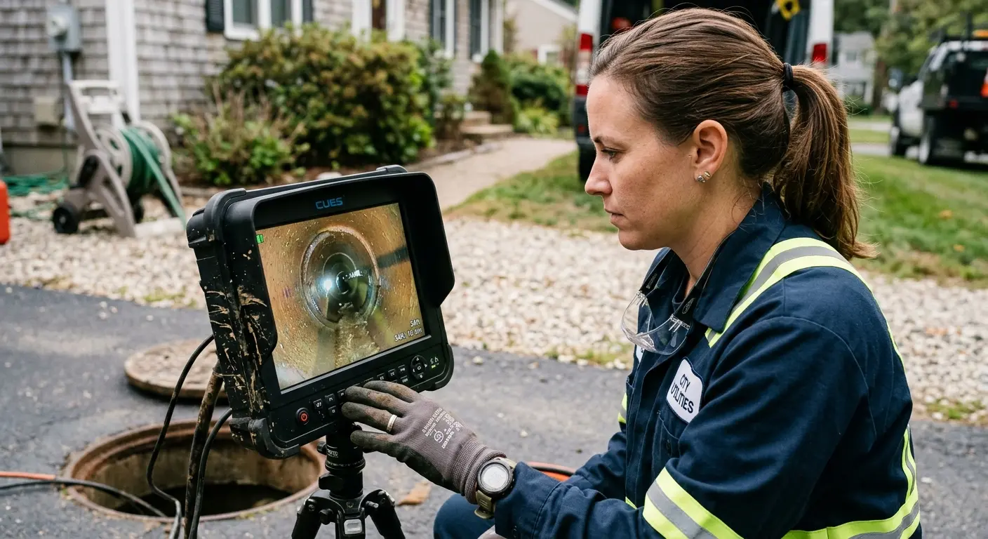 Technician reviewing sewer camera inspection footage in Columbus