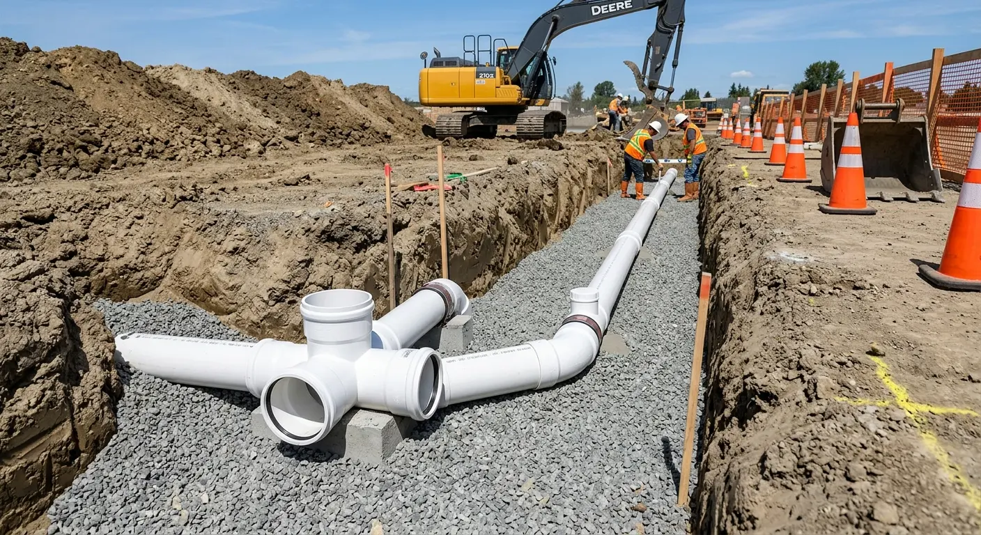New PVC sewer pipe installation in open trench for Sewer Backup in Columbus