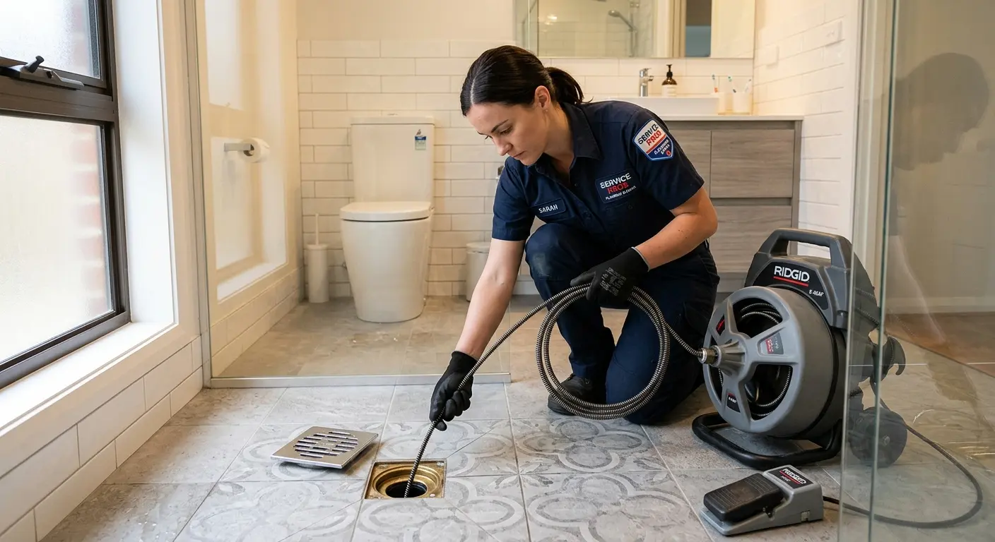 Technician clearing a bathroom floor drain for Drain Repair in Columbus